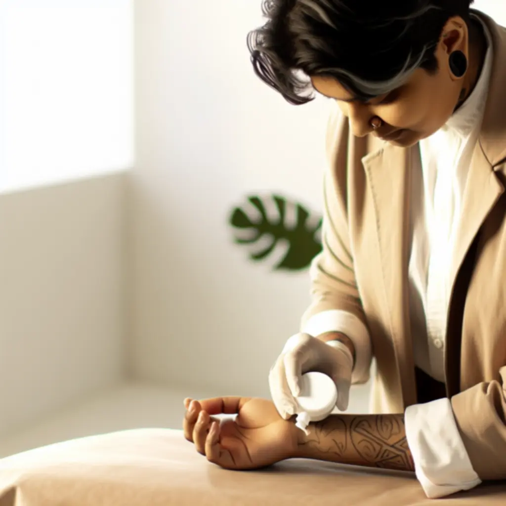 Hand die voorzichtig nazorgcrème op een tattoo aanbrengt