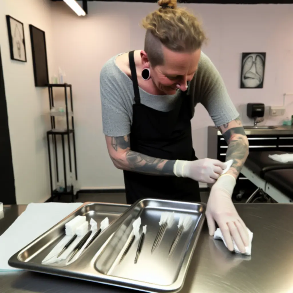 Tattoo-artist die hygiënische werkwijze en beschermingsmiddelen toepast