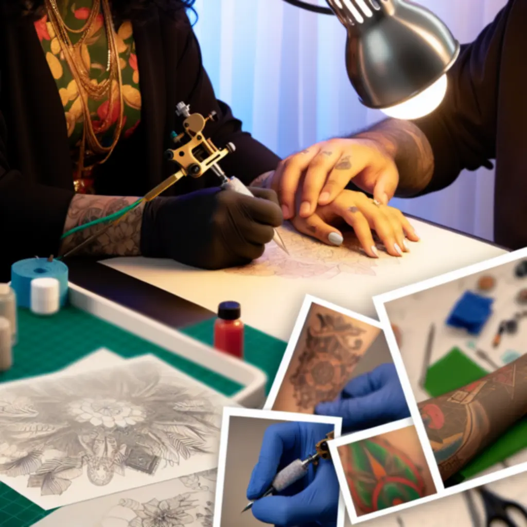 Close-up van een verfijnd zwart-wit tattoo ontwerp tijdens het aanbrengen in de studio.