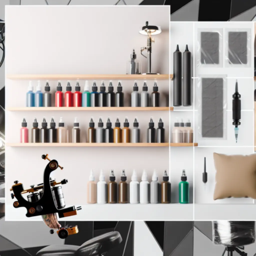 Een georganiseerde werkplek van een tattoo-artiest in de Ink Atelier studio.