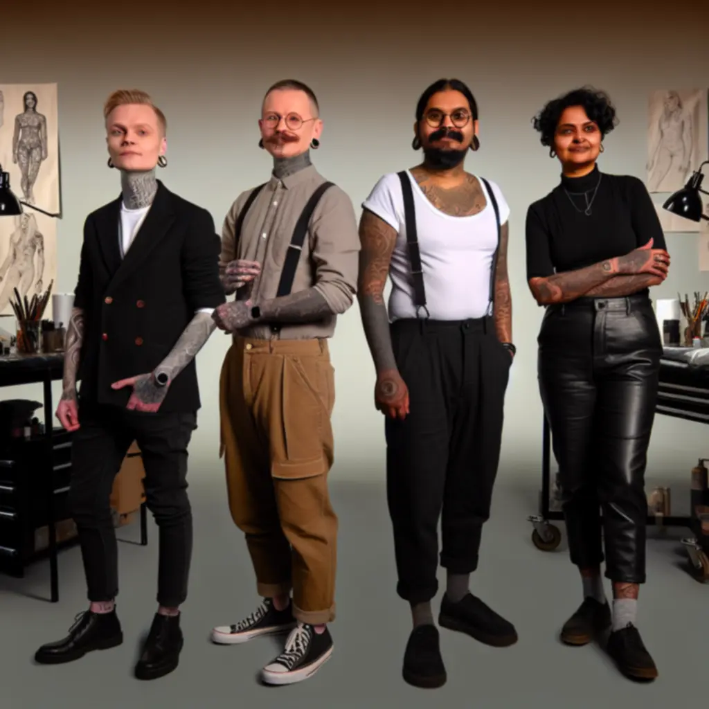 Groepsportret van de tattoo-artiesten van Ink Atelier in de studio.