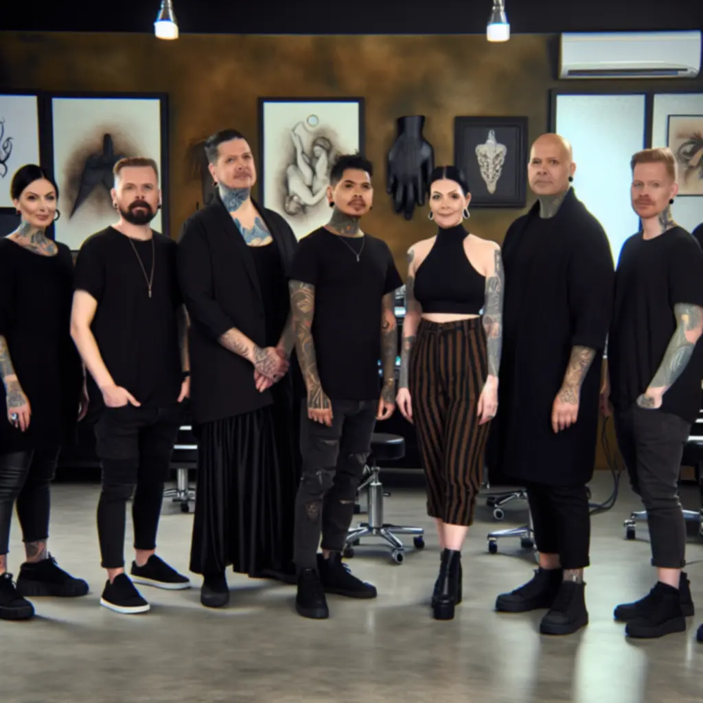 Groepsportret van de tattoo-artists van Ink Atelier in de studio.