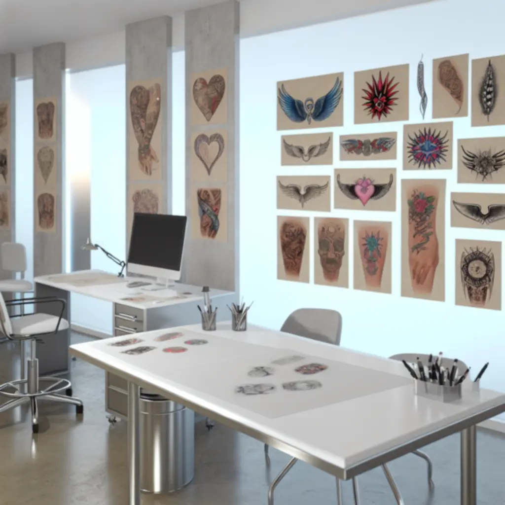 Artistiek belichte collage van custom tattoo designs in een moderne studio-setting.
