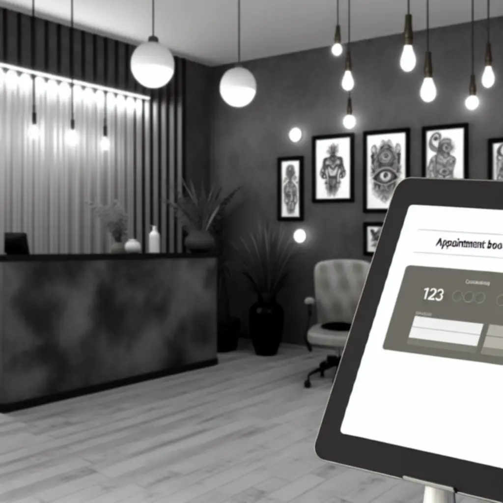 Ink Atelier boekingsformulier op een minimalistische studio-tafel