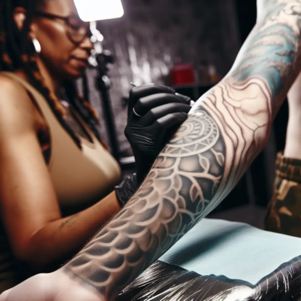 Collage van verschillende tattoo ontwerpen en plaatsen uit het portfolio van Ink Atelier.