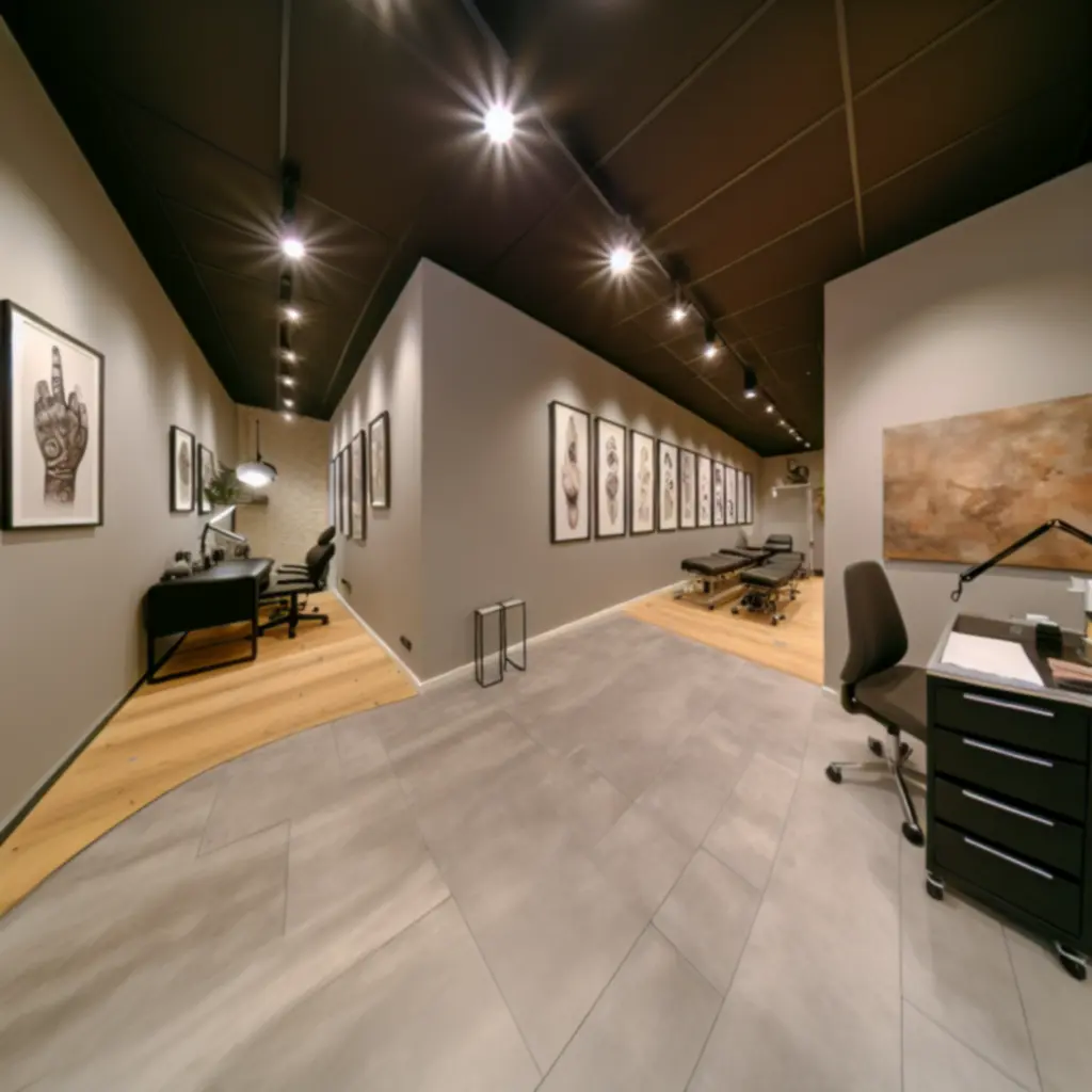 Het interieur van de Ink Atelier studio met een modern, strak design.